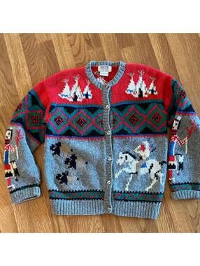 Vintage Native American Themed Shetland Wool Cardigan